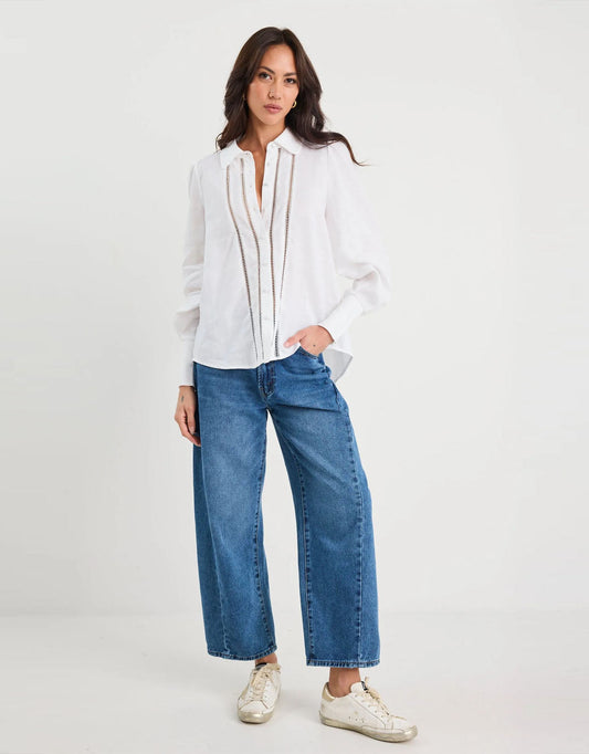 By Rosa Zinnia Lace Trim Long Sleeve Shirt (White)