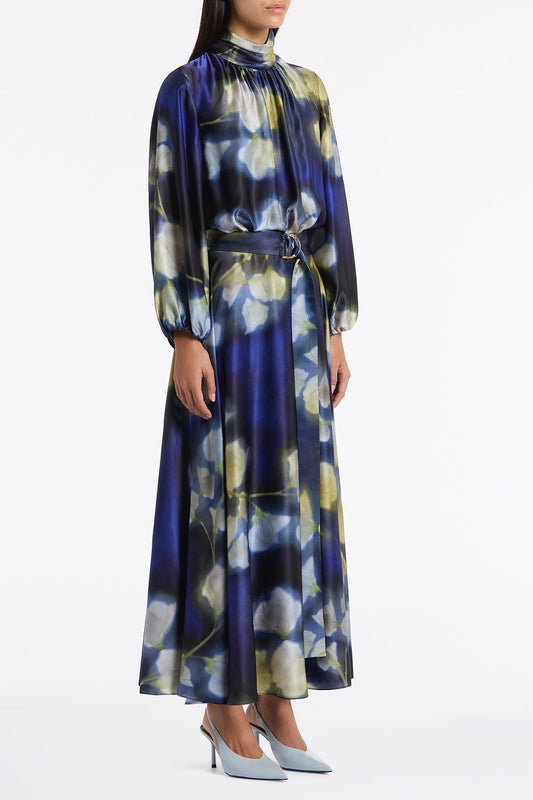 Carla Zampatti Calla Lily Silk Viscose Gathered Sleeve Dress (Blue)