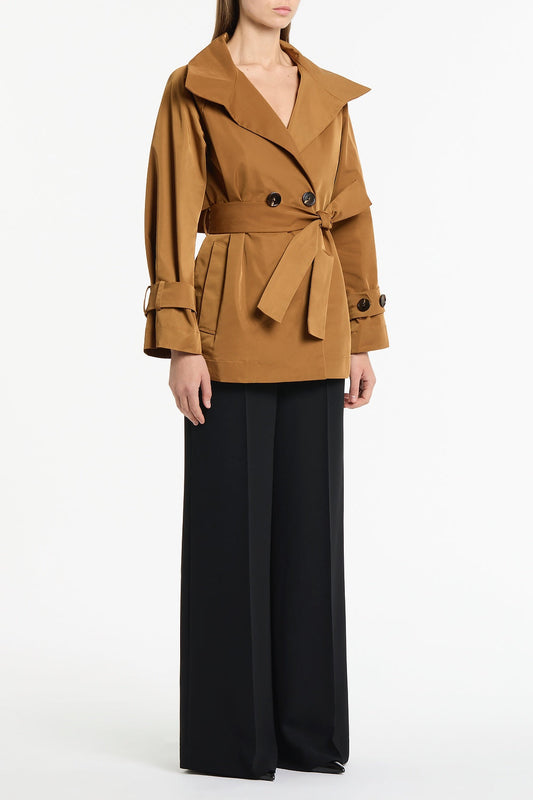 Carla Zampatti Camel Taffeta Twill Short Trench Coat (Brown)