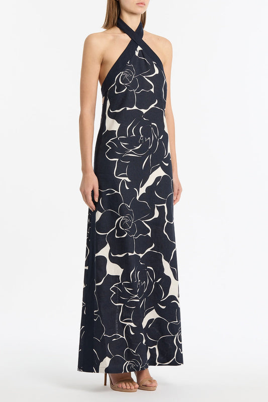 Carla Zampatti Celestial Petals Linen Halter Neck Dress (Navy)