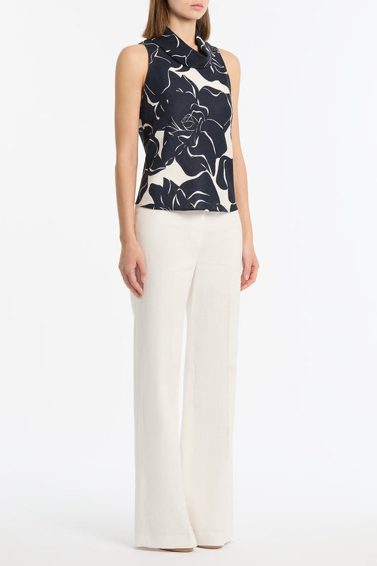 Carla Zampatti Celestial Petals Linen Folded Collar Top (Navy)