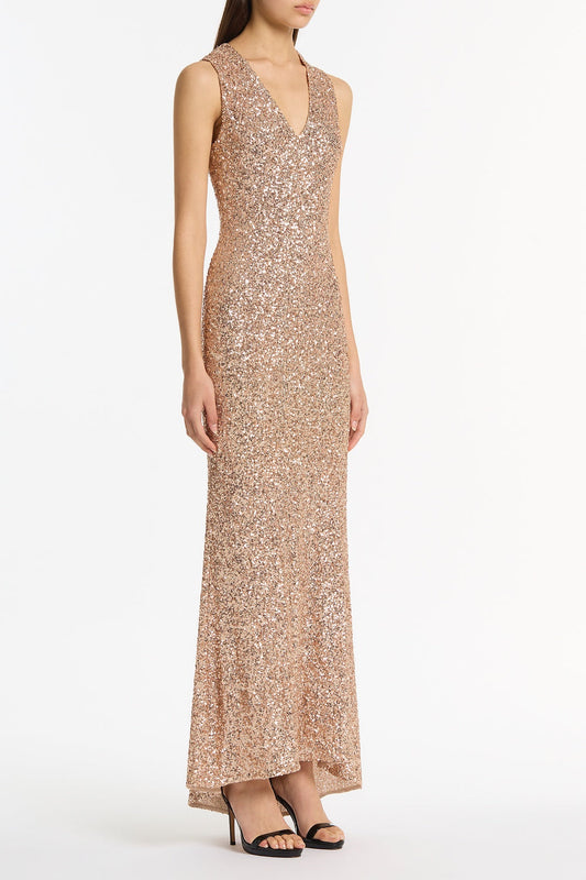 Carla Zampatti Champagne Crushed Sequin V-Neck Gown (Gold)