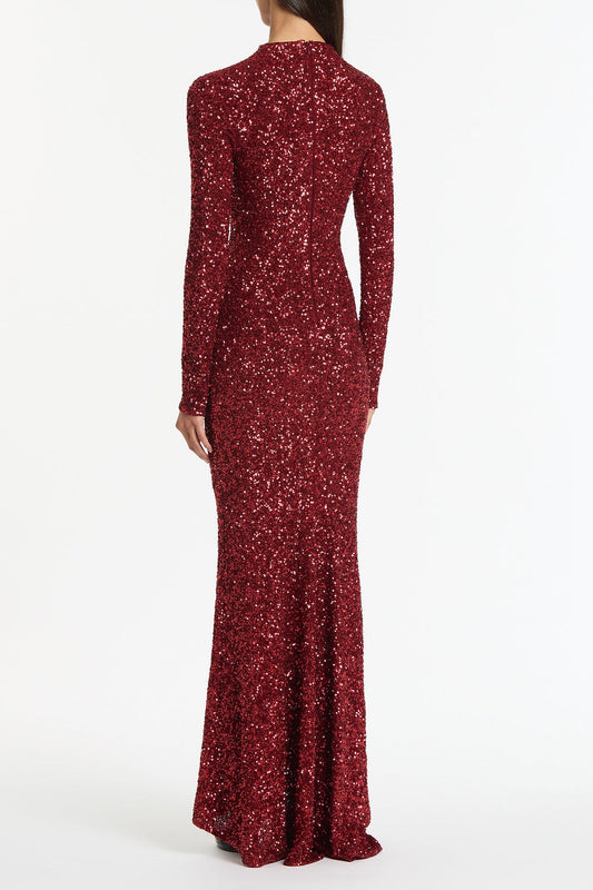 Carla Zampatti Cherry Crushed Sequin Long Sleeve Gown (Red)