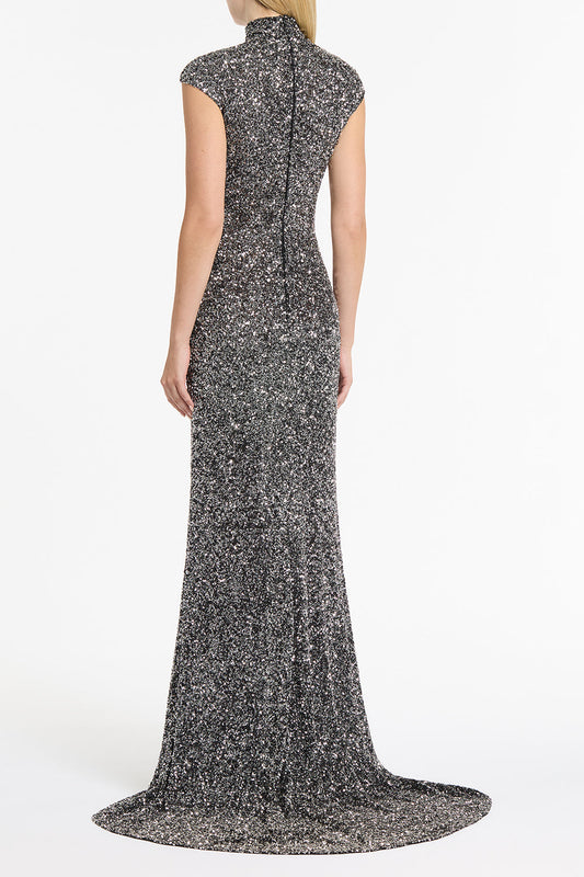 Carla Zampatti Chrome Crushed Sequin Polo Gown (Grey)