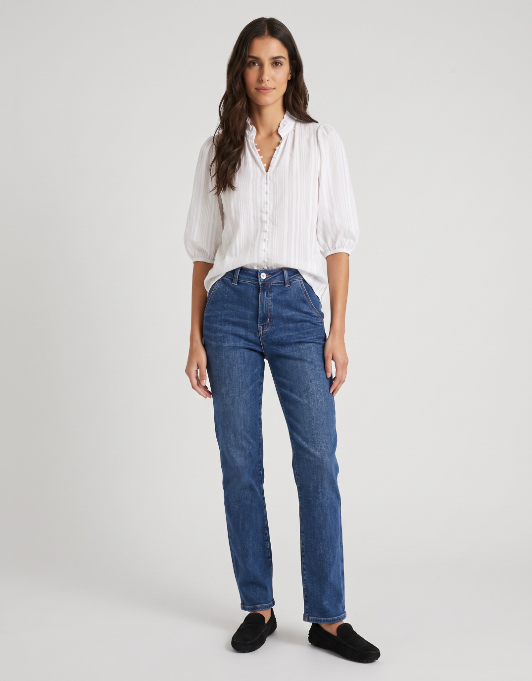 Ivy & Jack Continuance Self Stripe Button Through Mid Sleeve Top (Ivory)