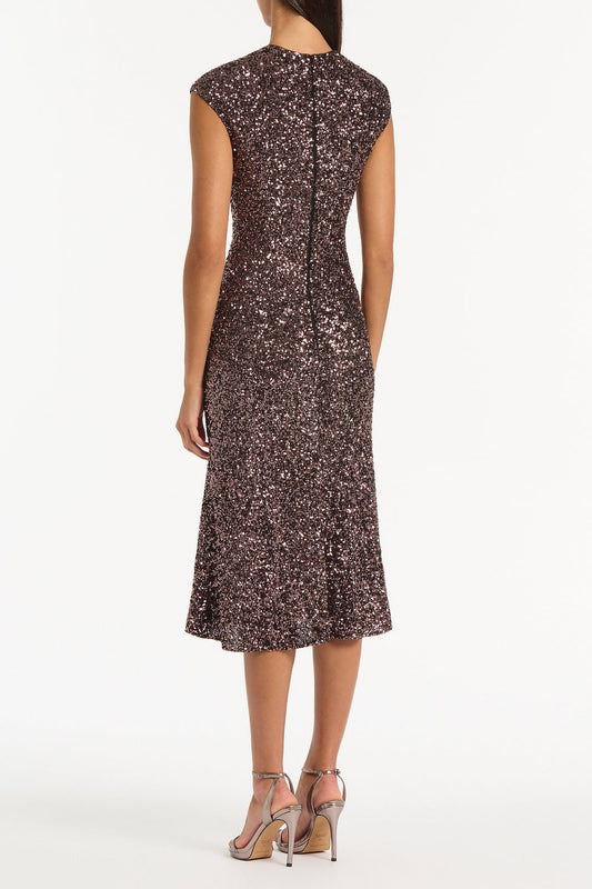 Carla Zampatti Copper Sequin Fluted Midi Dress (Bronze)