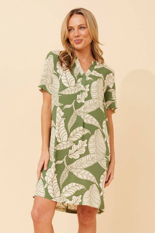 CHAVA LEAF PRINT DRESS (Green)