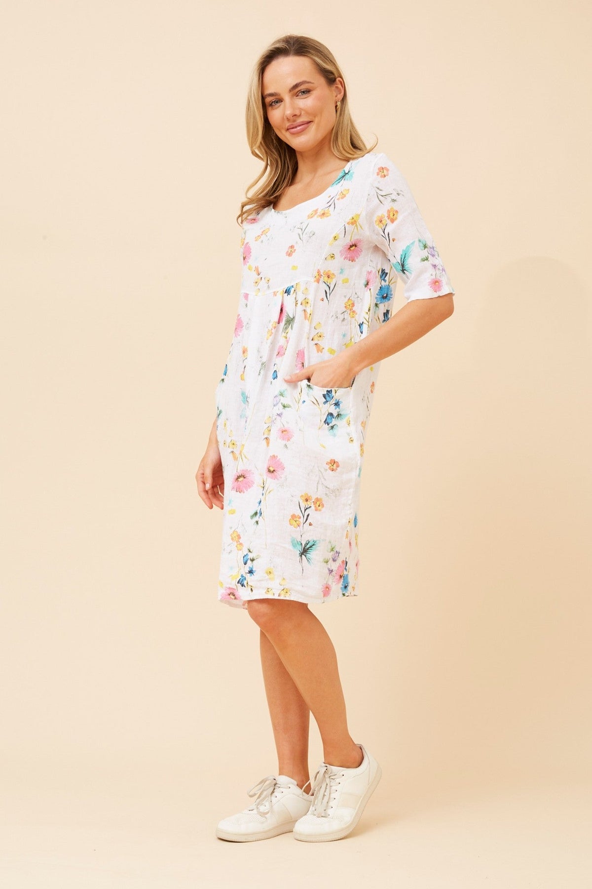 BOTTEGA MODA PISA FLORAL LINEN DRESS (White)