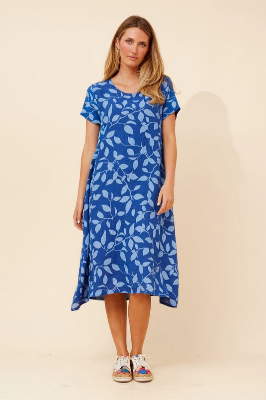 BOTTEGA MODA BATISTA LEAF PRINT LINEN DRESS (Cobalt Blue)