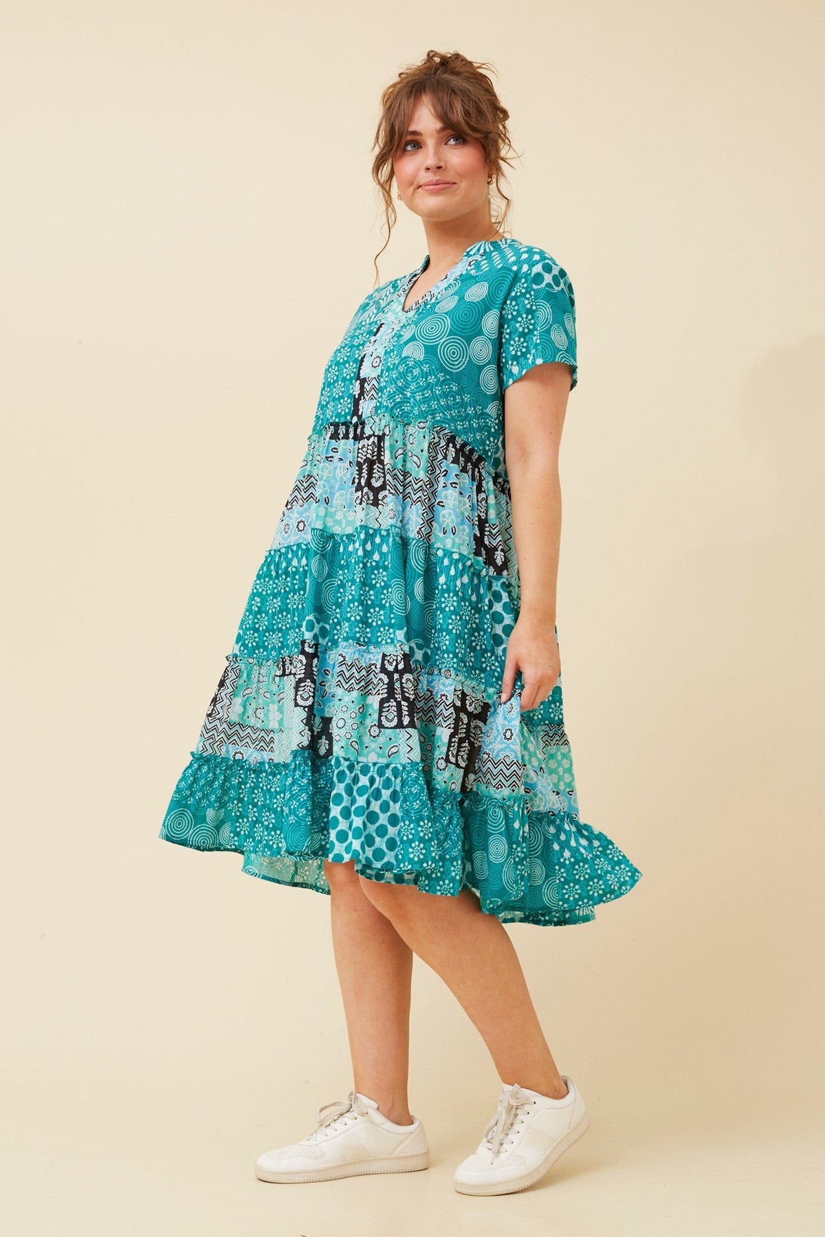 SOMYA PATCHWORK PRINT DRESS (Multi Green)