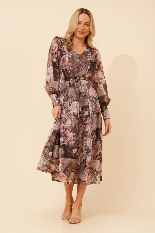 Image of Dresses. Product name - JANAE FLORAL MIDI DRESS in Olive colour by brand - Caroline Morgan Australia
