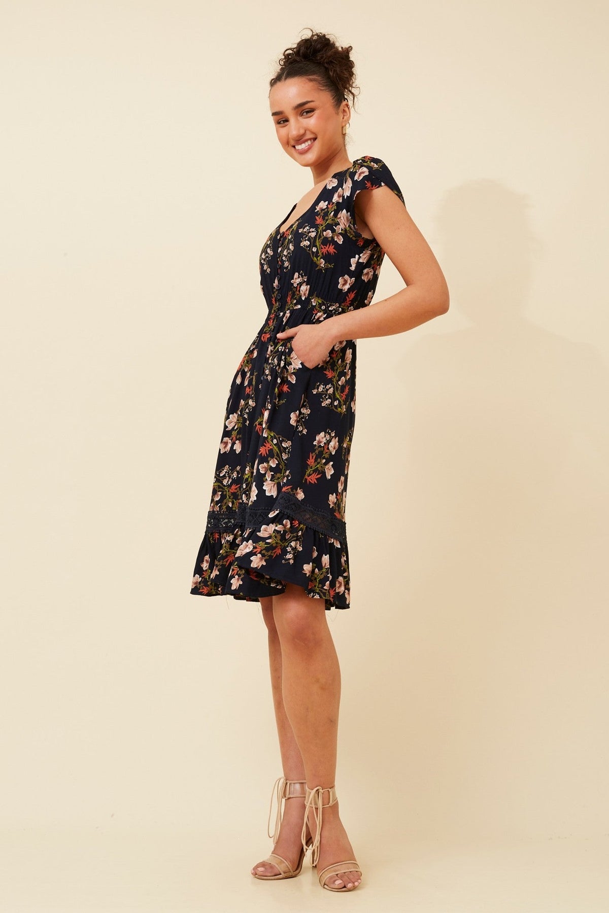 MOROCCO FLORAL KNEE LENGTH DRESS (Navy)