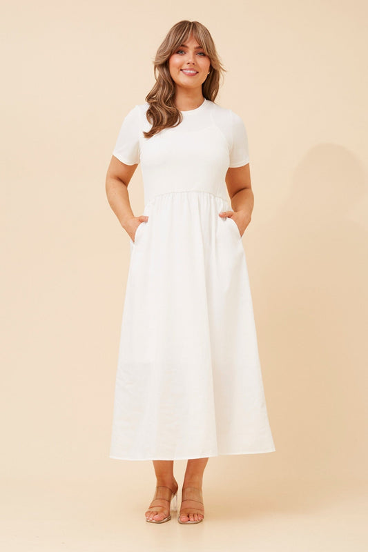 Image of Dresses. Product name - VIC DROP WAIST MIDI DRESS in White colour by brand - Caroline Morgan Australia