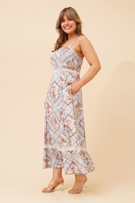 MARIS FLORAL LINEN BLEN DRESS (Multi Blue)