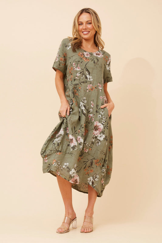 VAL FLORAL LINEN DRESS (Khaki)