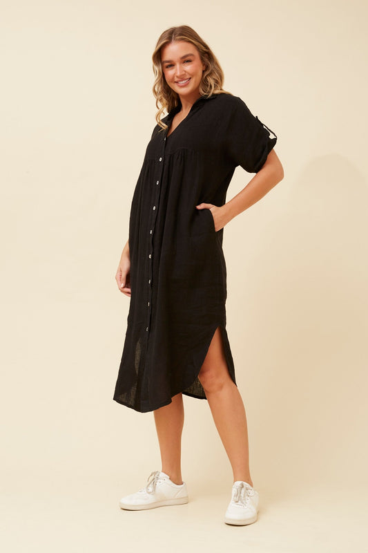 HAZELINA LINEN SHIRT DRESS (Black)