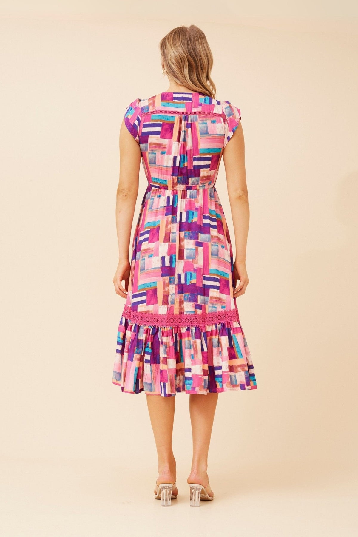 MOROCCO ABSTRACT PRINT MIDI DRESS (Pink)