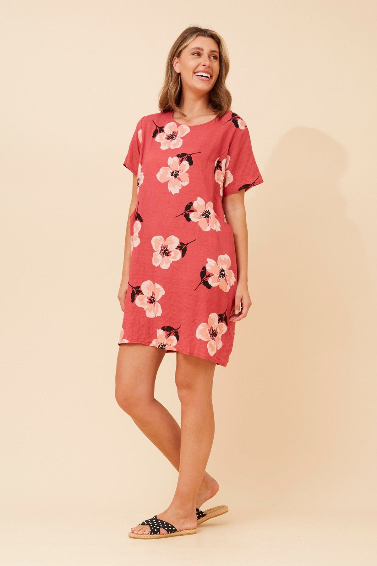VINE FLORAL SHIFT DRESS (Red)