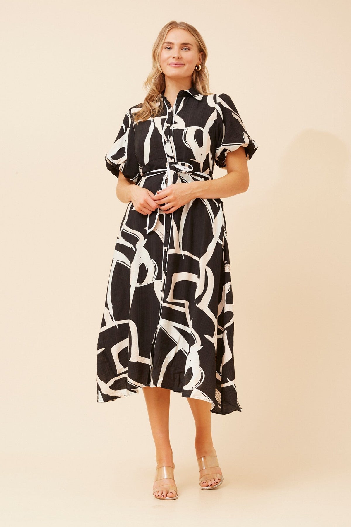 ESSIE ABSTRACT PRINT MIDI DRESS (Black)