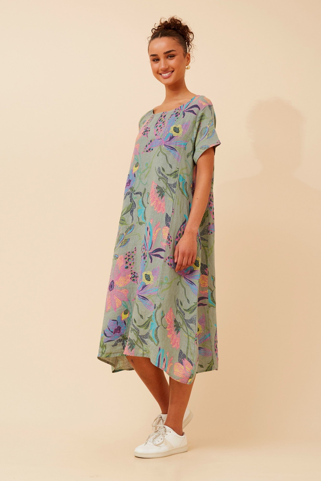 BATISTA FLORAL LINEN MIDI DRESS (Sage)