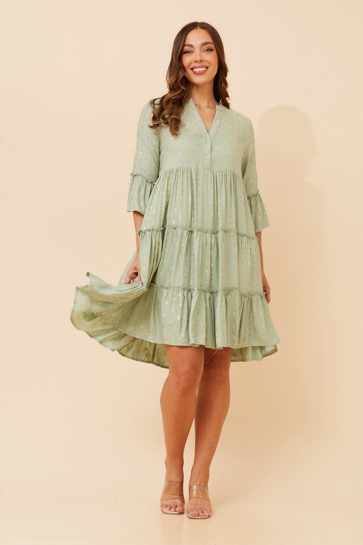 SARIKA LUREX TIERED DRESS (Sage)