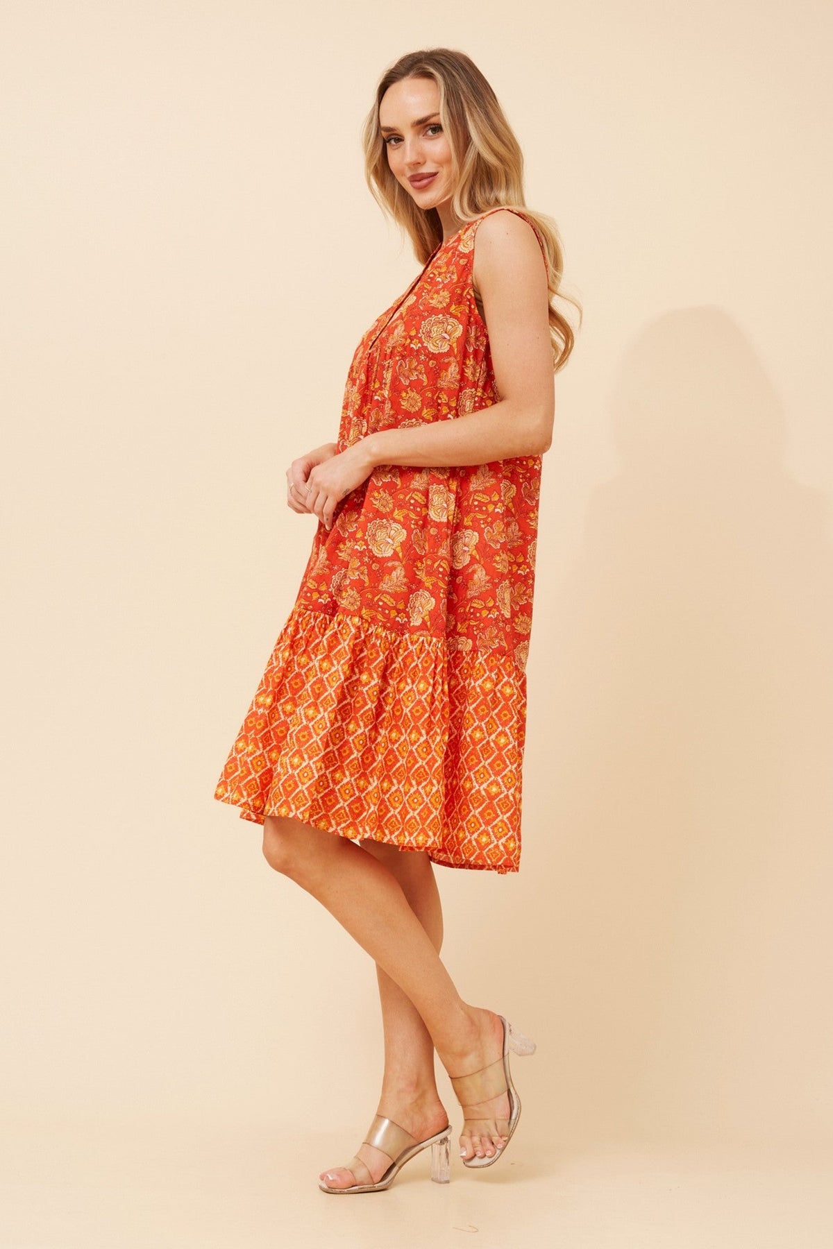 AILEEN BORDER PRINT MIDI DRESS (Orange)