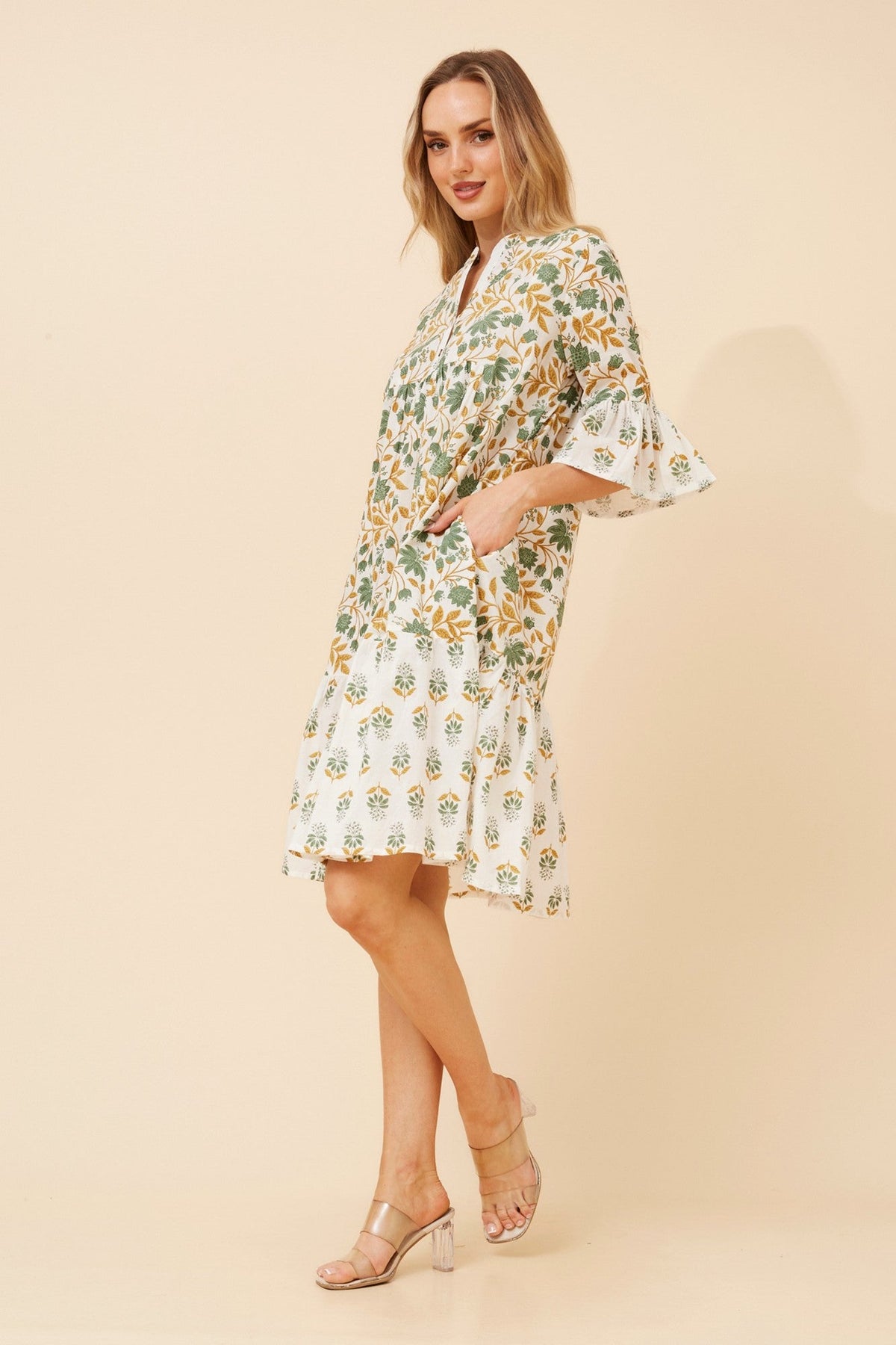 ALIMA LEAF PRINT MIDI DRESS (Sage)