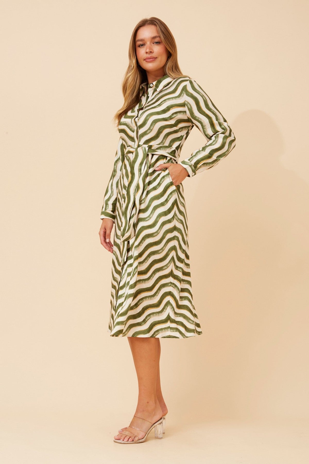 ALLIE STRIPE PRINT SHIRT DRESS (Multi Green)