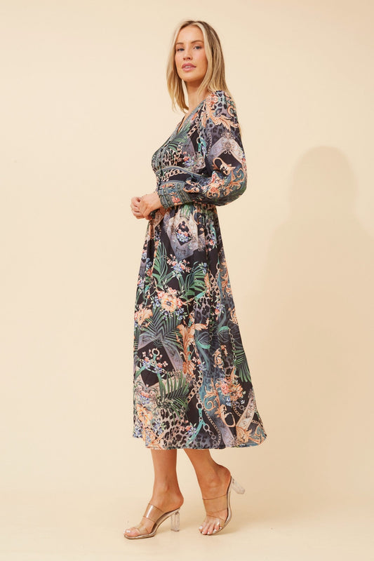 BINA ARABESQUE PRINT MIDI DRESS (Multi Green)