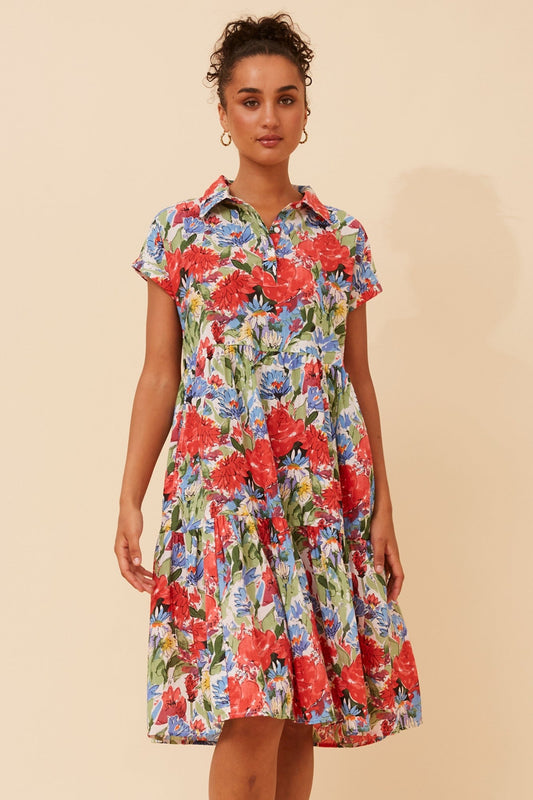 ZONRELLE FLORAL TIERED DRESS (Multi Red)