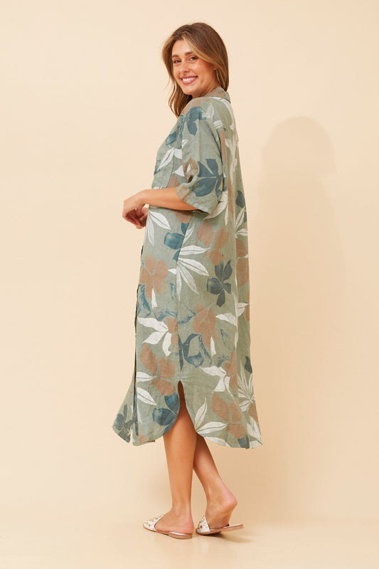JUNO LEAF PRINT LINEN DRESS (Khaki)