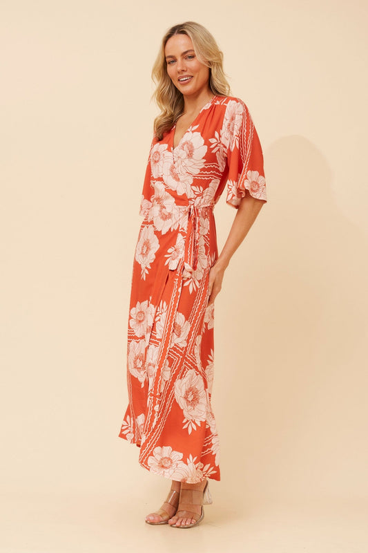 AVALON FLORAL LINEN BLEND DRESS (Desert Orange)