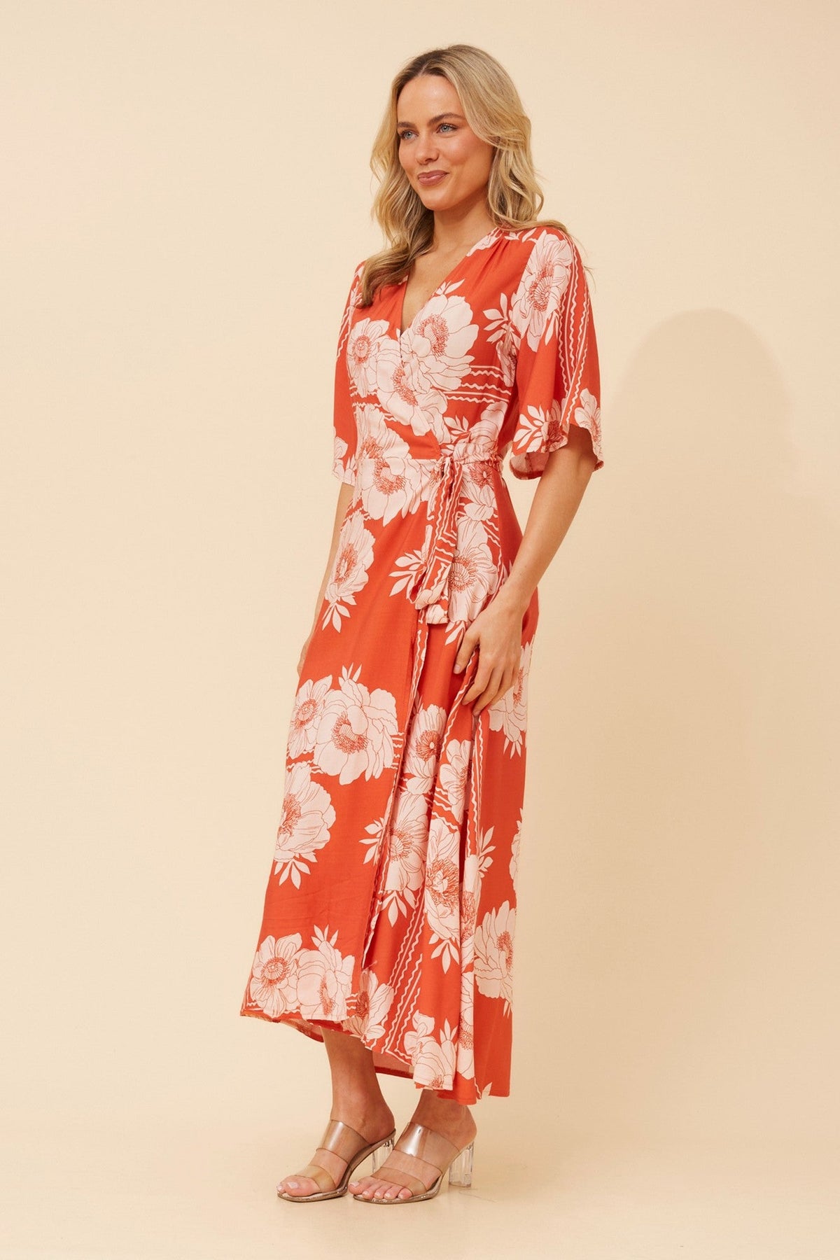 AVALON FLORAL LINEN BLEND DRESS (Desert Orange)