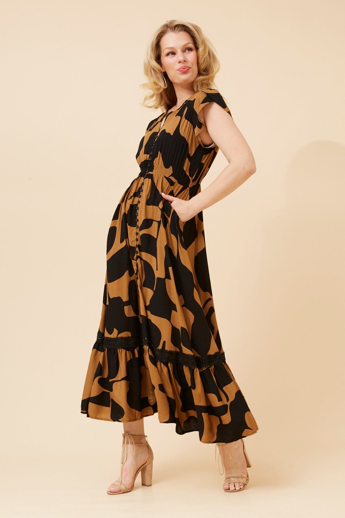 MOROCCO ASBTRACT PRINT MAXI DRESS (Toffee)