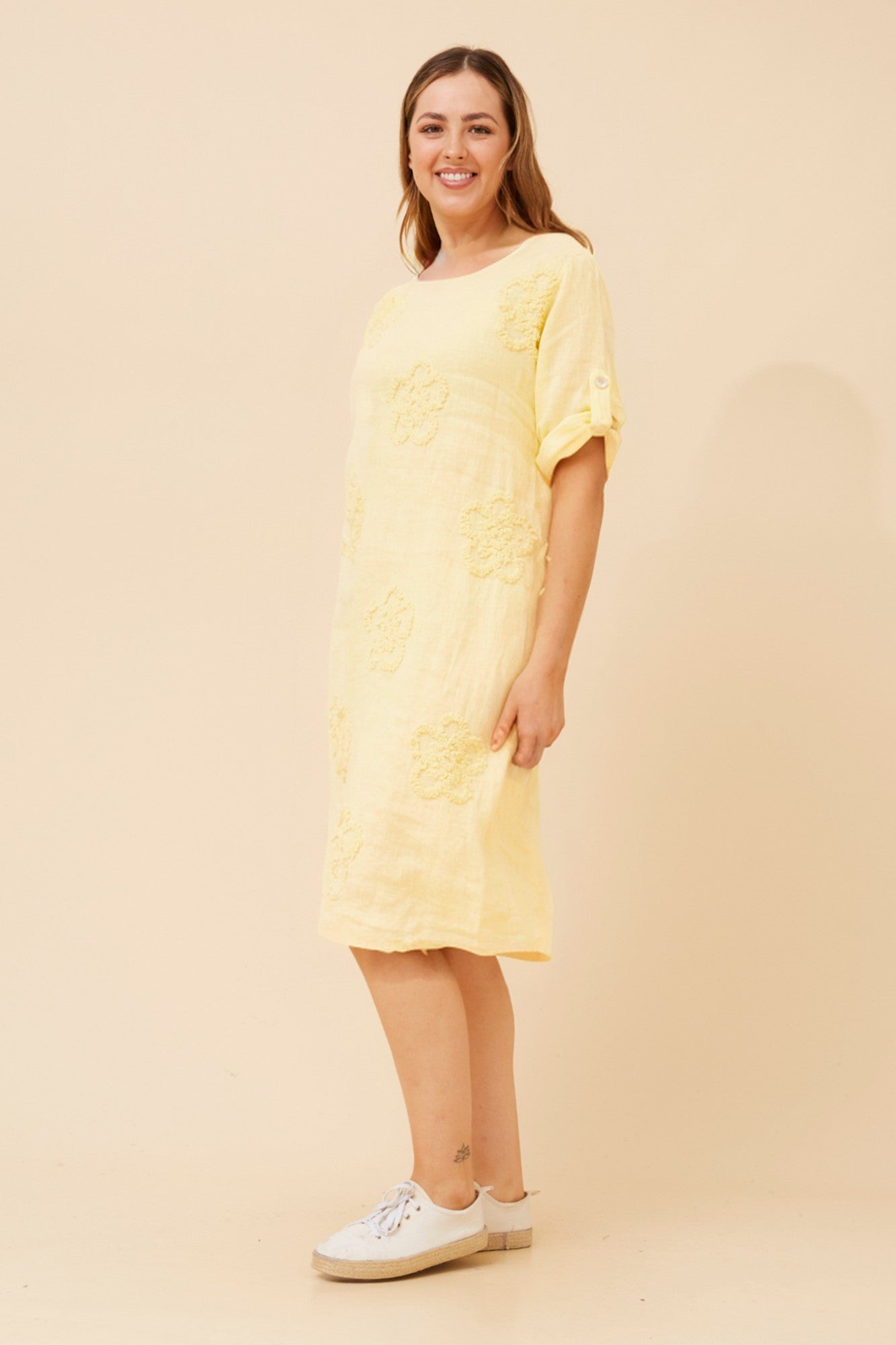 FIORETTA FLORAL EMBROIDERY LINEN DRESS (Lemon)