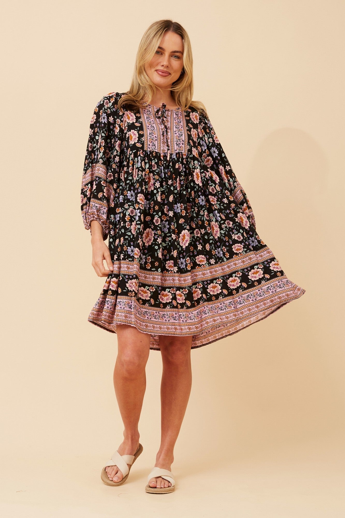 MOLLY FLORAL BABY DOLL DRESS (Multi Black)