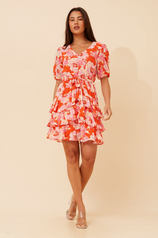 DAYANA FLORAL RUFFLE DRESS (Multi Red)