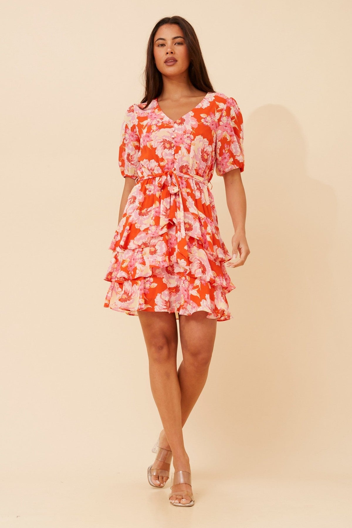 DAYANA FLORAL RUFFLE DRESS (Multi Red)