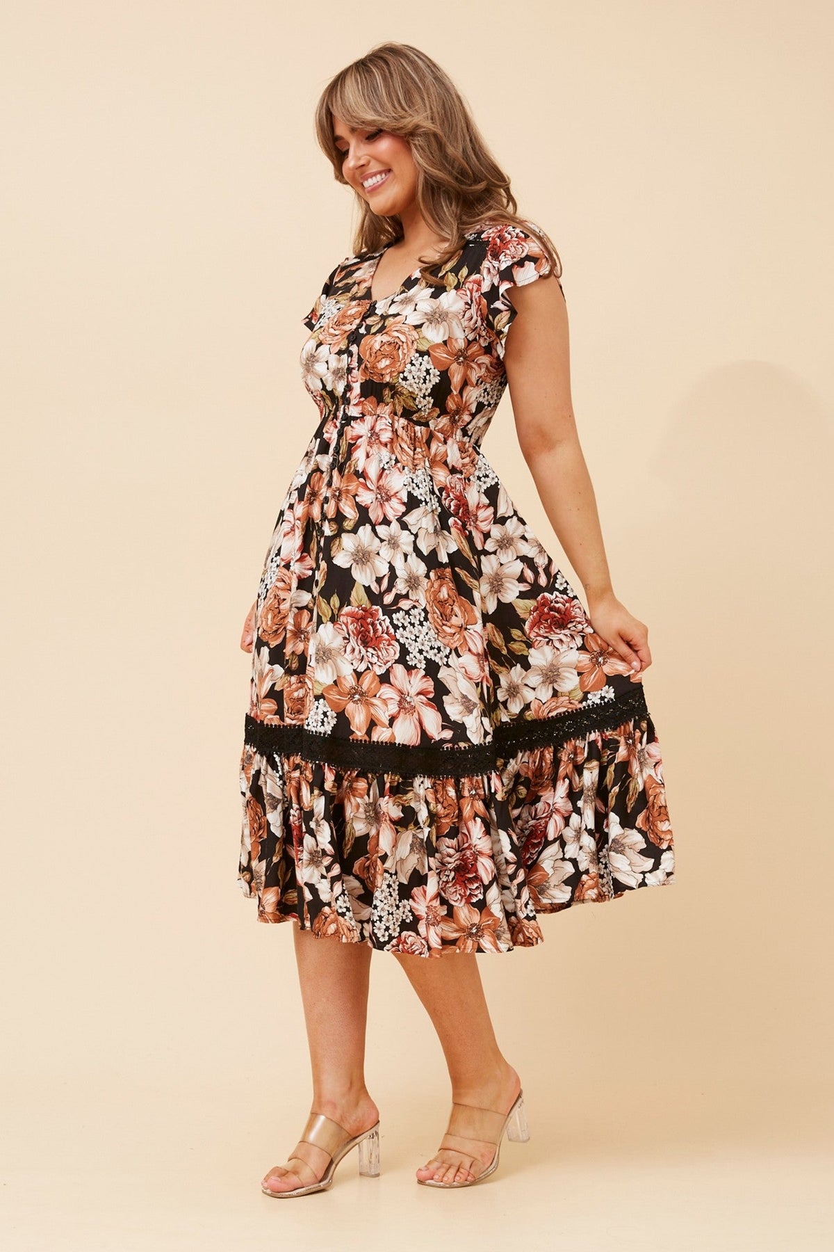 MOROCCO FLORAL MIDI DRESS (Multi Black)