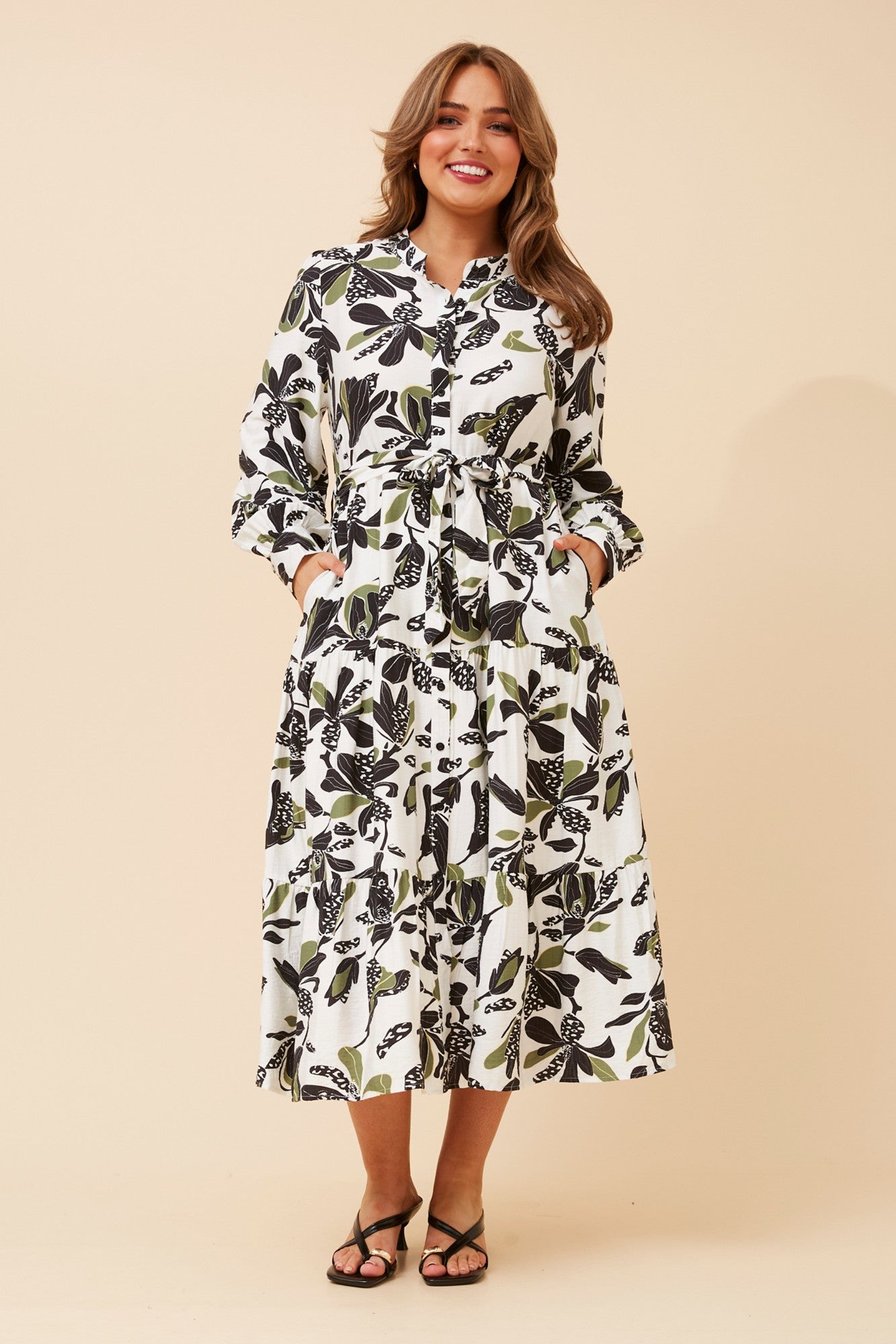 KYMANI LEAF PRINT MIDI DRESS (Multi Green)