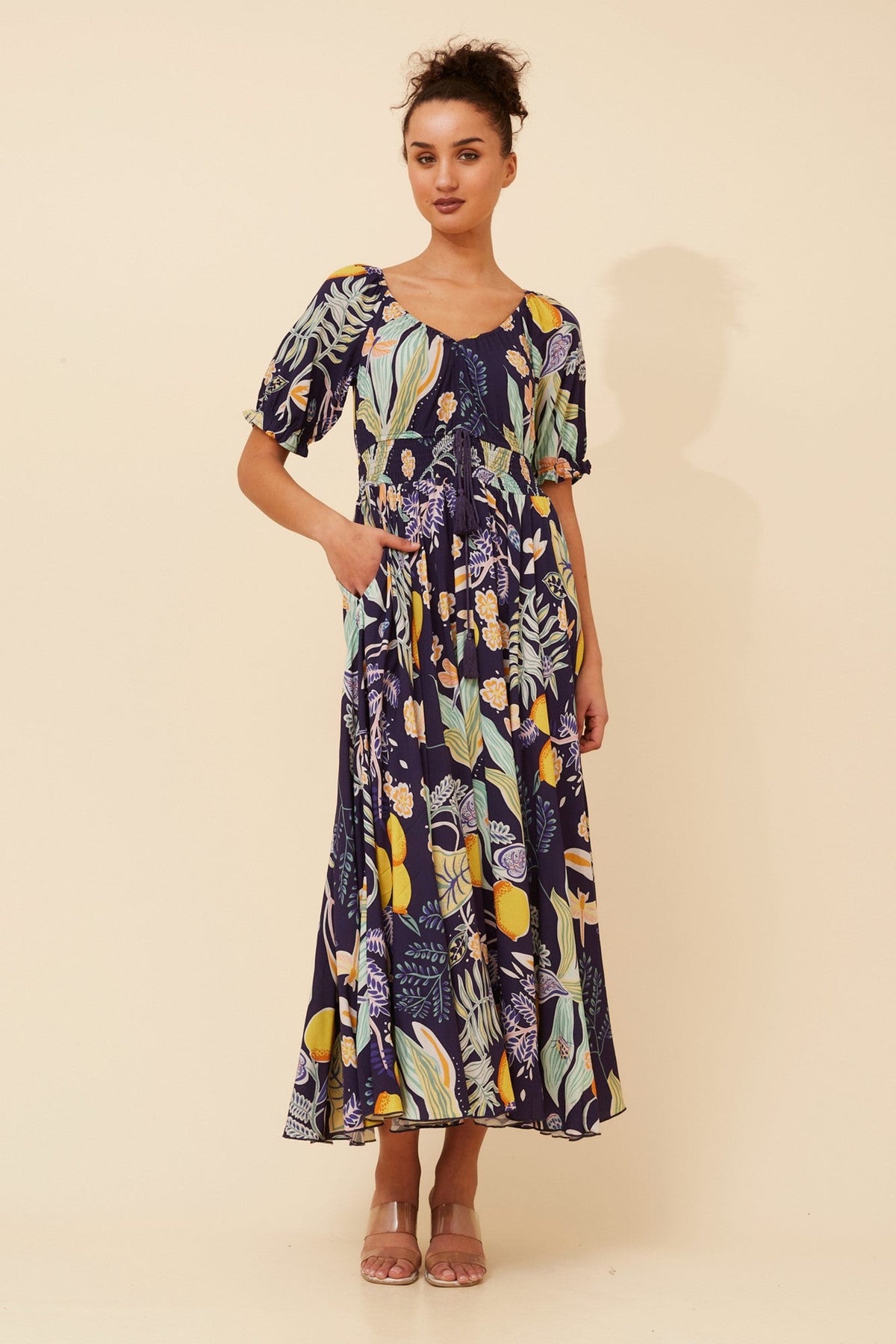 DAISY LEMON PRINT MAXI DRESS (Navy)
