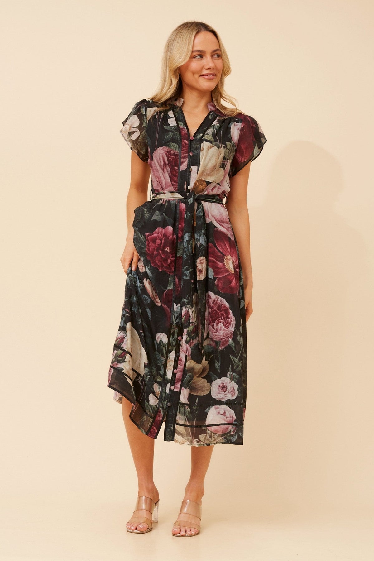 HARLAN FLORAL MIDI DRESS (Multi Black)