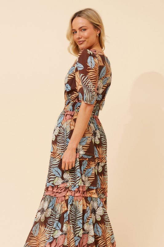 VIENNE TROPICAL PRINT MAXI DRESS (Chocolate)