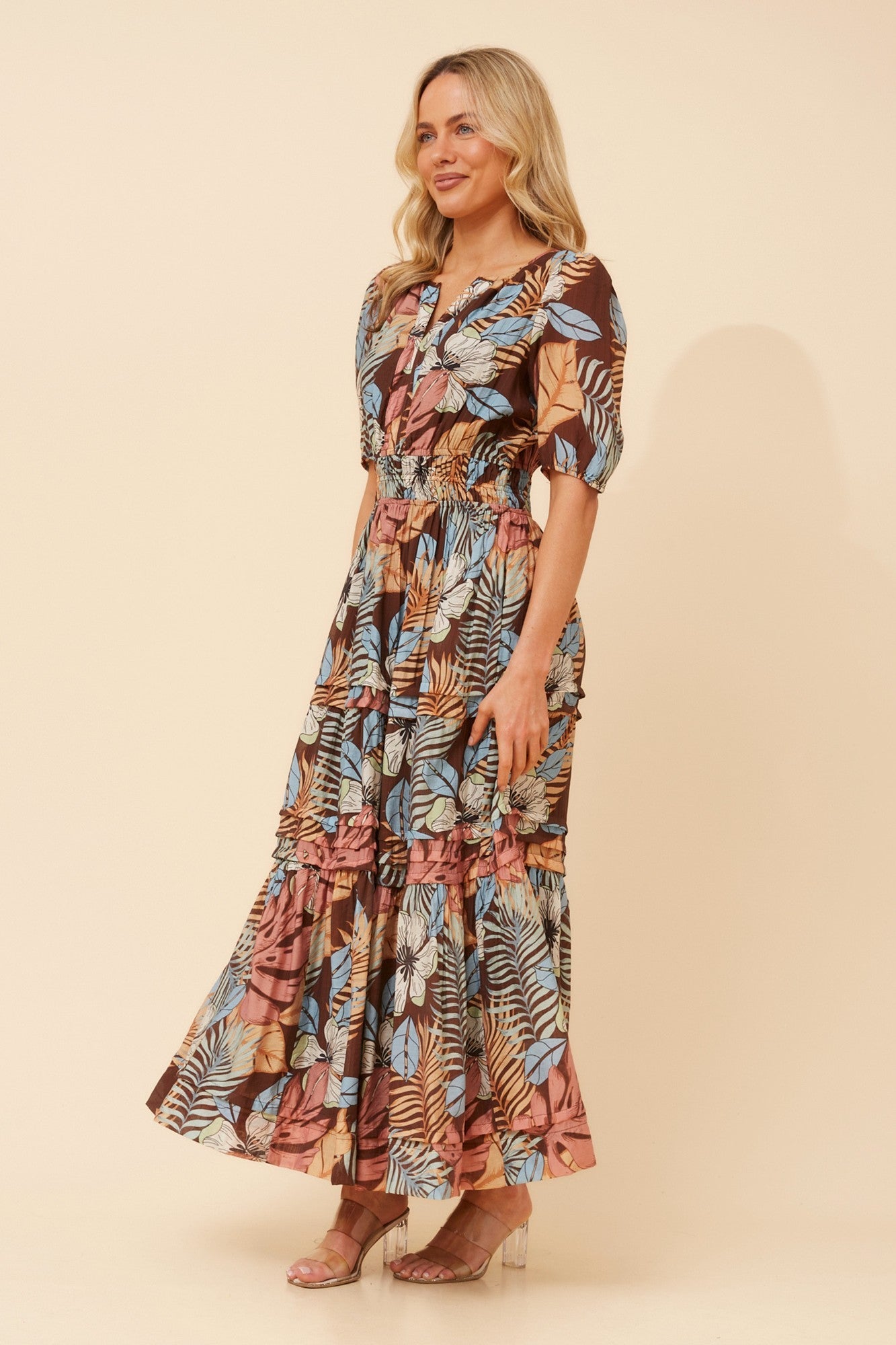 VIENNE TROPICAL PRINT MAXI DRESS (Chocolate)