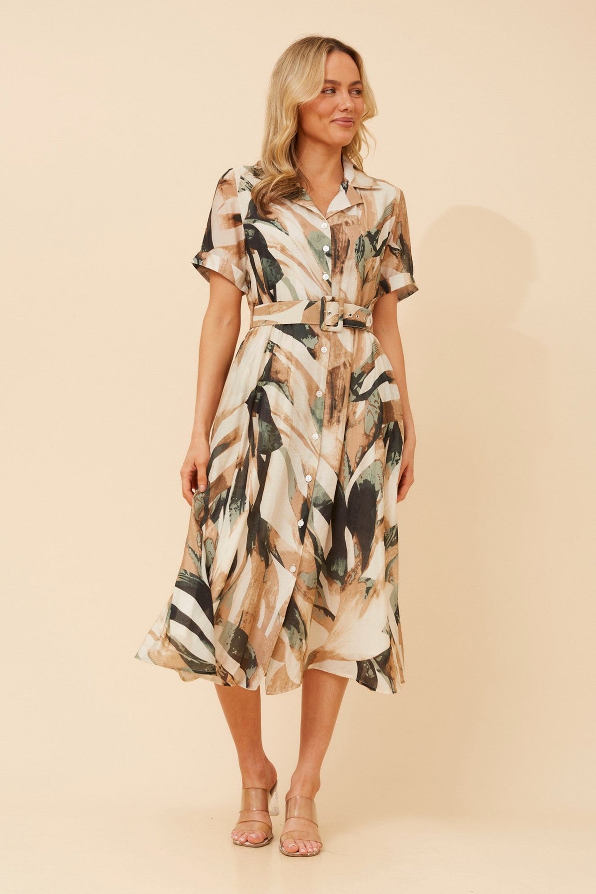 ALANIA ABSTRACT PRINT SHIRT DRESS (Beige)