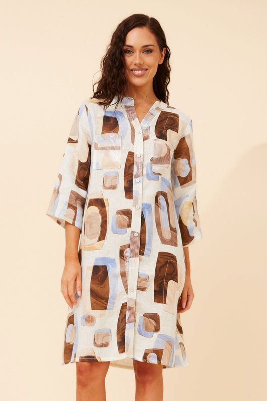GRAZIA GEOMETRIC LINEN BLEND DRESS (Multi Cream)