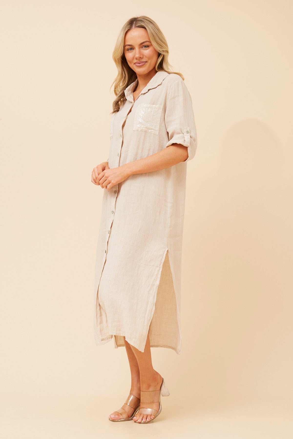 Image of Dresses. Product name - TERESIA LINEN MIDI DRESS in Black colour by brand - BOTTEGA MODA