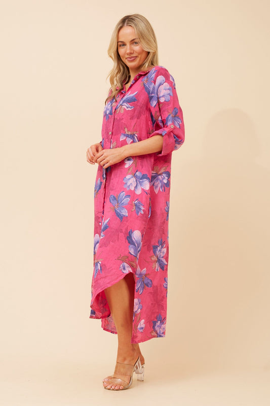KIMMY FLORAL LINEN SHIRT DRESS (Fuchsia)