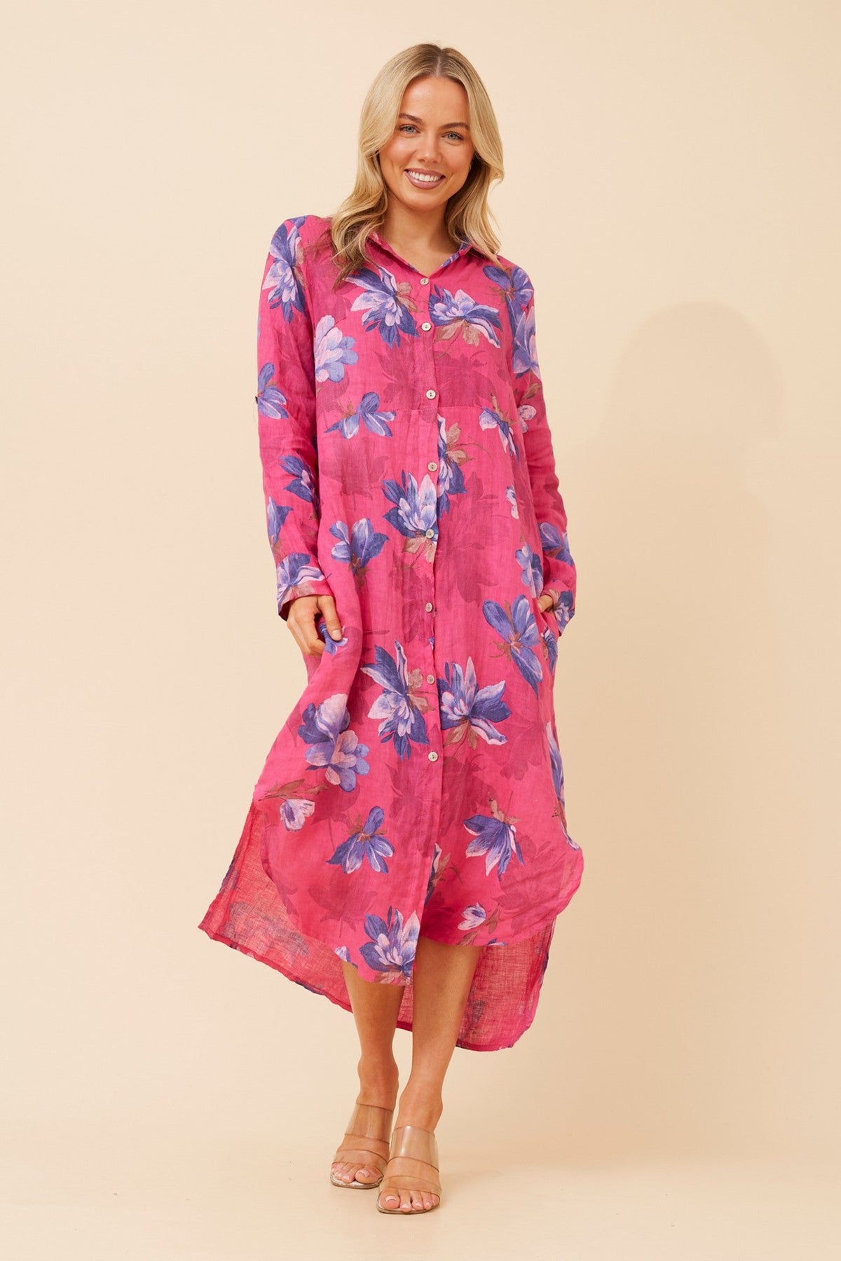 KIMMY FLORAL LINEN SHIRT DRESS (Fuchsia)