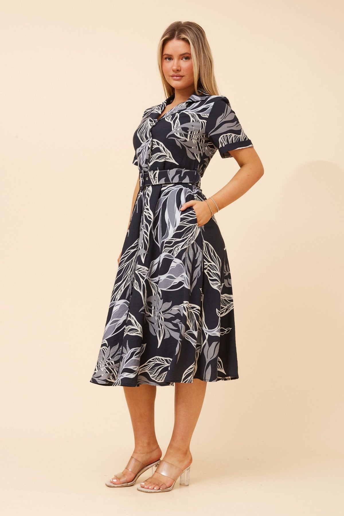 ALANIA LEAF PRINT MIDI DRESS (Navy)